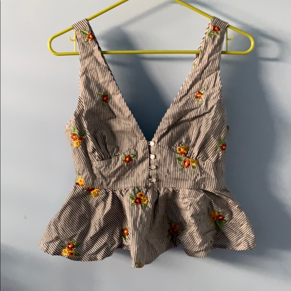 Striped peplum tank with embroidered flowers